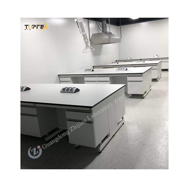 Heavy Duty Lab Island Bench With Steel Construction 2 Cabinets 2 Lockers 2 Shelves 4 Handles White/Grey Color