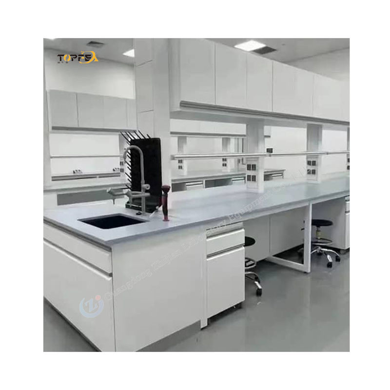 Adjustable White Laboratory Island Bench All Steel Lab Bench With 2 Shelves And 4 Wheels