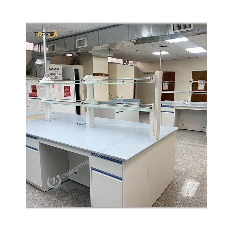 Adjustable White Laboratory Island Bench All Steel Lab Bench With 2 Shelves And 4 Wheels