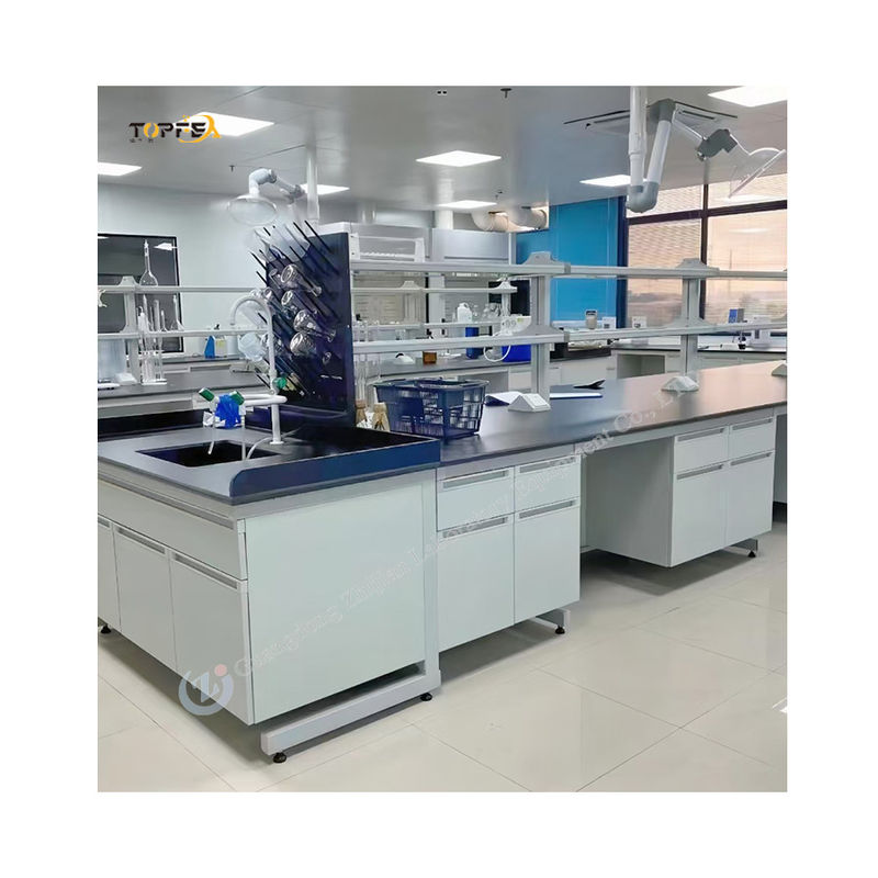 Staal laboratorium eiland bank met 2 kluisjes 4 laden 2 kasten Wit / blauw / grijs Kleuren